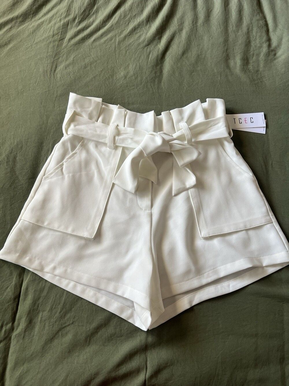 TCEC Women's Paperbag High Rise Tie Waist Belted Shorts Pockets White Small